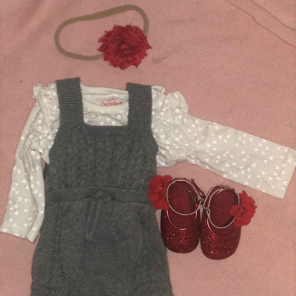 0-3M holiday outfit grey sweater romper red shoes